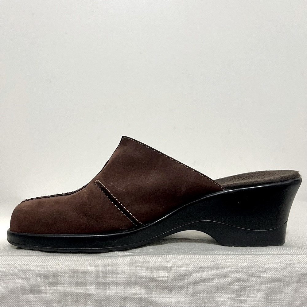 Clark’s Brown Nubuck Leather Mules Slip On Wedge Shoes Comfy Casual Cottagecore - Picture 4 of 10